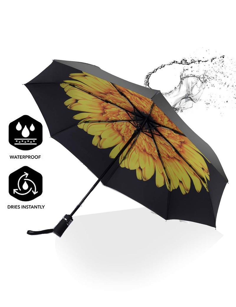 SY COMPACT Travel Umbrella Windproof Factory outlet Compact Automatic Umbrellas for Rain Compact Small UV Sun Protection Umbrella Durable Waterproof Lightweight Rust Resistant-Fits Backpack Car Purse (Yellow Flower) - Image 2